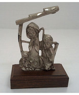 Vintage small wood base pewter manger nativity figurine A Mano made in I... - $27.16 CAD