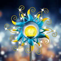 Garden Solar Sun Lights Outdoor, Golden Blue Crackle Glass Globe Metal Stake - £20.35 GBP