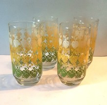 4 Retro Flowers nd Hearts mcm Tumbler Glasses Yellow Green White - £25.73 GBP