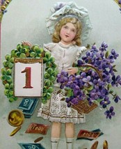 Victorian New Year Postcard Gold Trim Girl With Flowers Germany Deep Embossed - £19.13 GBP