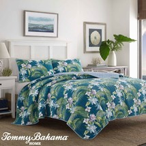 Tommy Bahama Southern Breeze 3PC KING Quilt Sham Set Cotton Palm Floral Blue - £103.98 GBP