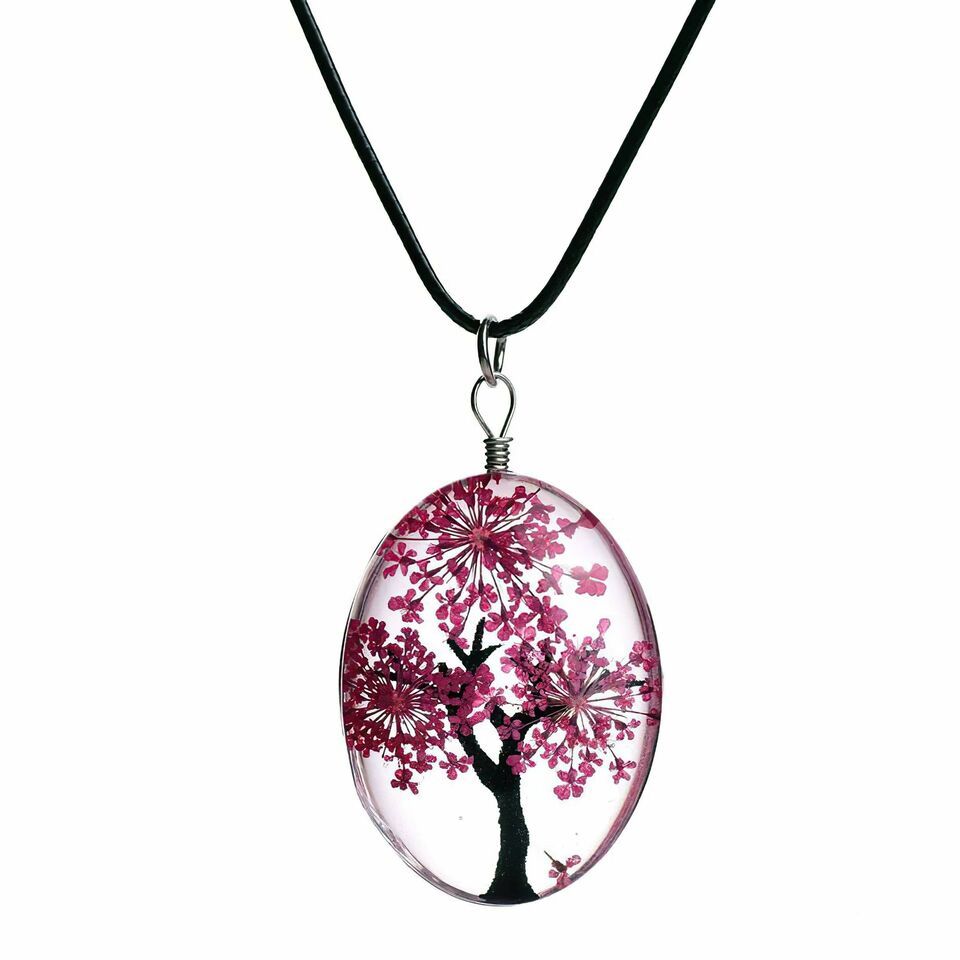 Tree of Life Dried Flower Glass Oval Terrarium Necklace Red