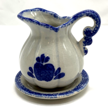 Spongeware Pitcher with Blue Apple Pottery Country Folk Craft Crazing - £11.43 GBP