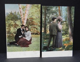 Pair vintage postcards couple lovers spooning color photo studio shots S... - £1.22 GBP