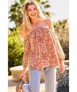 Terracotta Brown Strap Halter Neck Long Puff Sleeve Floral Top - $25.00