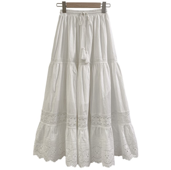 Women's Elastic Waist Embroidered Lace 100% Cotton Peasant Tiered Skirt in White Item image 4