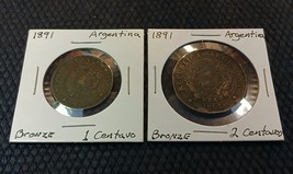 1891 Argentina Bronze 1 Centavo &amp; 2 Centavos Coins - £18.00 GBP