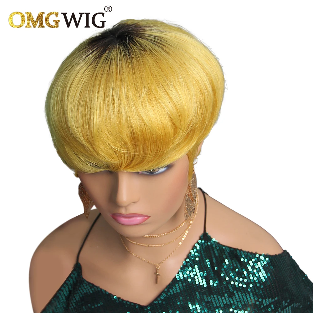 Ombre Yellow Two Tone Straight Short Pixie Cut Wig Brazilian Virgin Human Ha - £42.56 GBP+
