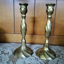 Vtg Brass Candlesticks Pair Spiral Twisted 8&quot; Acadamia Cottagecore Shabb... - £19.11 GBP