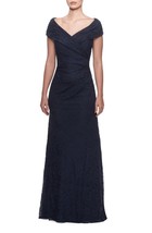 La Femme Portrait Neck Lace Gown SZ 6 ($438) Navy - £93.46 GBP