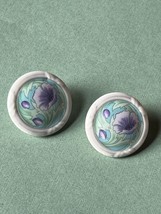 Large White Round Ceramic w Pale Blue &amp; Green w Purple Flowers Post Earrings for - £10.34 GBP
