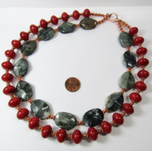 CHUNKY   SOLID Copper Toggle Clasp Necklace 2 Strand Beaded Red Gray Grey Stones - £50.64 GBP