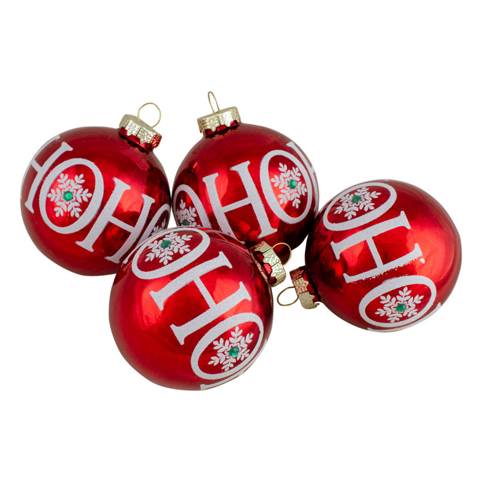 3.25-Inch (80mm) Set of 4 Red Ho Ho Ho Glass Ball Christmas Ornaments