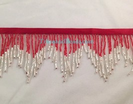3&quot; RED/SILVER Glass Bugle Bead Chevron Ombre Beaded Fringe Trim Variegated Lamp - £11.05 GBP