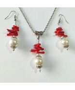 Red Coral Pearl silver jewelry set Boho jewelry set Victorian jewelry set Bohemi - $52.00