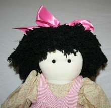 Handmade Ragdoll Doll 22&quot; Dress Apron Plush Stuffed Black Yarn Hair Soft Toy - £27.15 GBP