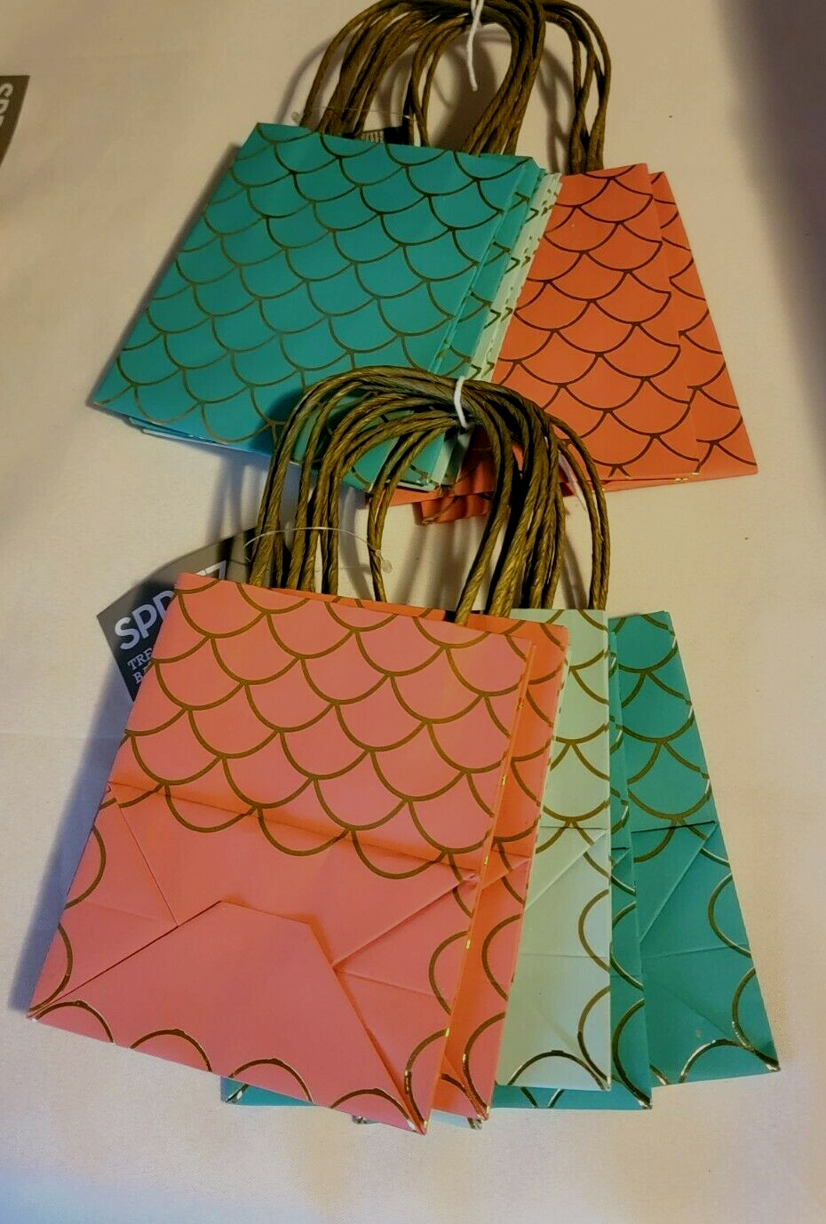 Primary image for Spritz Party Treat Bags Mermaid Scales 6x5 Aqua Pink Salmon Handles 12 count 