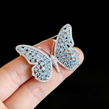 14K White Gold Plated 2Ct Round Simulated  Aquamarine Butterfly Brooch Pin - £97.80 GBP