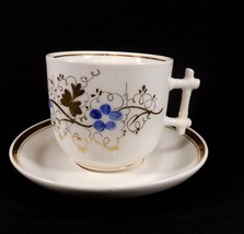 Antique Victorian Cup &amp; Saucer Set Pretty Handle Gold Blue Flowers - $5.90