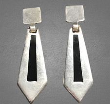 Vintage Sterling Silver Mexico Onyx Inlay Dangle Earrings 16 grams - £66.56 GBP