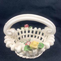 Capodimonte Trinket Basket 3.5&quot; Round Dish Lattice Roses Italy White Yel... - £19.73 GBP