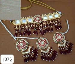 Kundan bridal jewelry Maroon Meena bollywood tradtional tikka jewellery set - £113.95 GBP