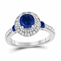 14kt White Gold Womens Round Blue Sapphire Diamond Halo Ring 1-3/4 Cttw - £739.55 GBP