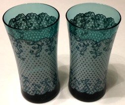 MCM Vintage Set of 2 Teal Aqua Frilly White Design Drinking Glasses 3 1/4&quot; - £41.11 GBP