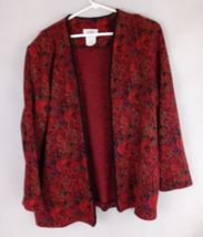 Vintage Graff Women&#39;s Red Black &amp; Gold Open Front Floral Sweater Shawl Size 16 - £9.54 GBP