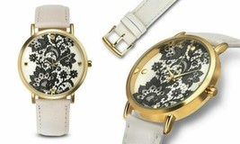 NEW Rousseau 9912 Women&#39;s Lace Gold IP Case Nude White Leather Strap Watch - £27.74 GBP