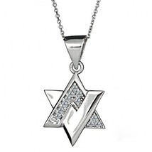 Diamond Star of David Pendant 0.21 CT 14k White Gold Rolo Chain Necklace 16&quot; - £300.93 GBP