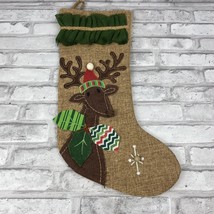 Christmas Stocking Burlap Trim Appliqué Reindeer With Leaves Santa Hat H... - $16.71