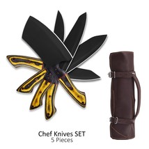 Damascus Steel Chef Knives Set Damascus Knife Set of 5 pcs with leather sheath - £73.86 GBP