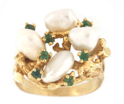 Baroque pearl and emerald Women&#39;s Cluster ring 14kt Yellow Gold 292515 - £558.74 GBP