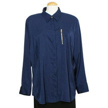 Ralph Lauren Navy Blue Stretch Satin Zip Pocket Long Sleeve Shirt Top L - £37.38 GBP