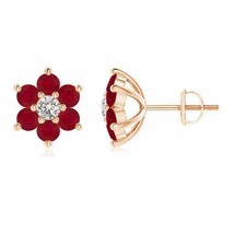Natural Ruby Round Stud Earrings with Diamond in 14K Gold (Grade-AA , 1.... - £365.72 GBP