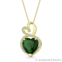 Double-Heart Simulated Emerald Cubic Zirconia CZ Pave &amp; 14k Yellow Gold Pendant - $229.67+