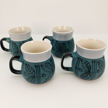 4 Mugs Esperanza Stoneware by Jonas Roberts Teal with Raised Black Leave... - £39.31 GBP