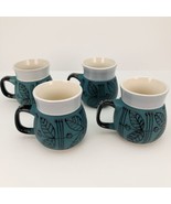 4 Mugs Esperanza Stoneware by Jonas Roberts Teal with Raised Black Leave... - £39.31 GBP