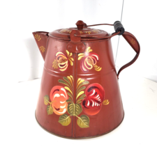 VTG Tole Painted Kettle Galv Metal, Copper Bottom Fruits Flowers Signed B. Brown - $159.99