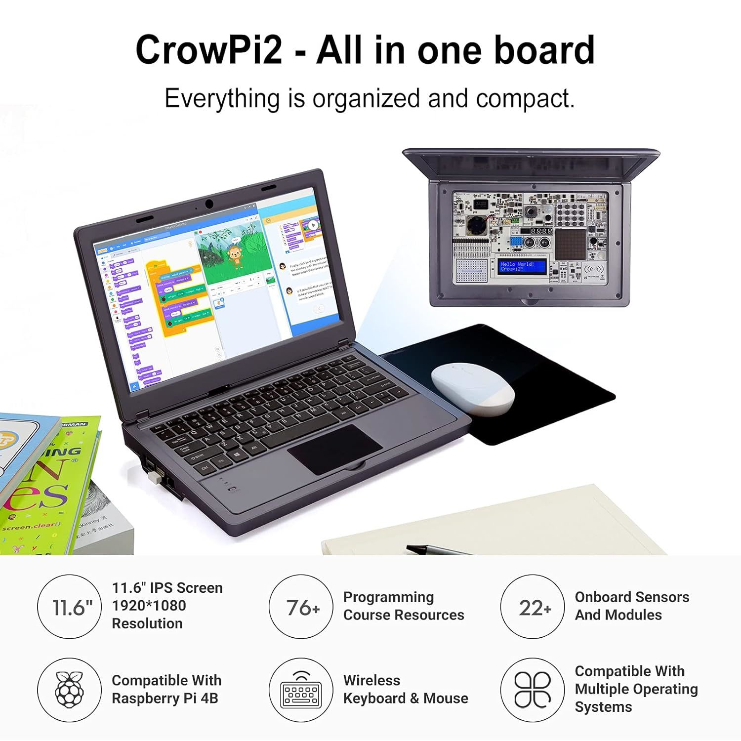 Raspberry Pi Laptop, Crowpi2 Programming Sensor Kit For Raspberry Pi 4 ...