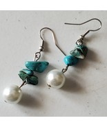 Vintage Tribal Turquoise Style Faux Pearl 1.75&quot; Dangle Earring Southwest... - $26.18