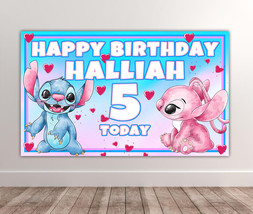 2 X STITCH &amp; ANGEL Personalised Birthday Backdrop - Disney Stitch Banner... - $17.44