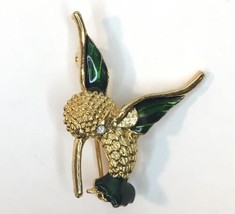 Gold Tone Blue / Green Enamel Crystal Rhinestone Hummingbird Brooch Pin - $23.00