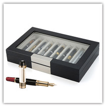 10 Pen slot Fountain Ebony Wood glass Display Case Organizer Storage Box... - $84.99
