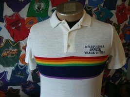 Vintage 80s Rainbow Stripe White Track Polo Shirt M  - £117.19 GBP