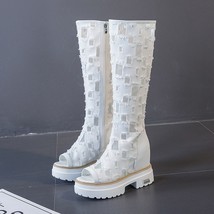 10cm Women Summer Boots Platform Knee High Boots Wedge Heel Hollow Canvas Peep T - £79.19 GBP