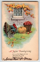 Thanksgiving Day Joyful Greetings Postcard Apples Basket Turkey Window Home - £6.70 GBP