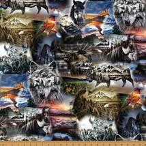 Cotton Wild Animals Nature Bison Wolves Collage Fabric Print by Yard D374.86 - £13.33 GBP