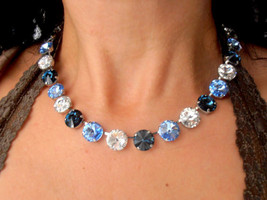Blue Multi-colors Rivoli Crystal Choker w/ Swarovski • Silver Cup chain Jewelry - £75.92 GBP